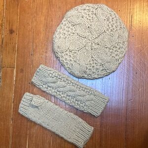 Beige Knit Beret and Fingerless Mittens Set